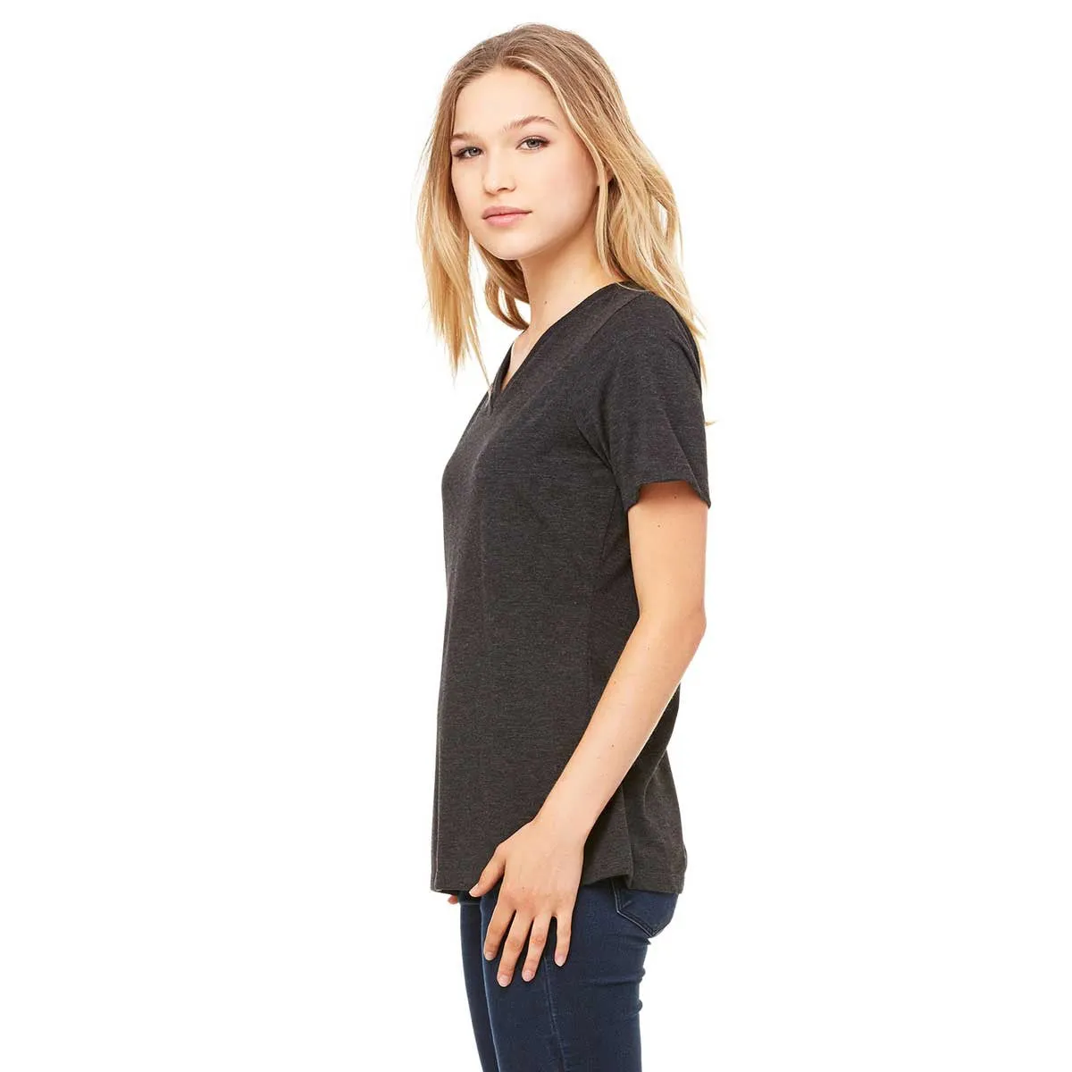 Bella   Canvas Women's Charcoal-Black Triblend Relaxed Jersey Short-Sleeve V-Neck T-Shirt