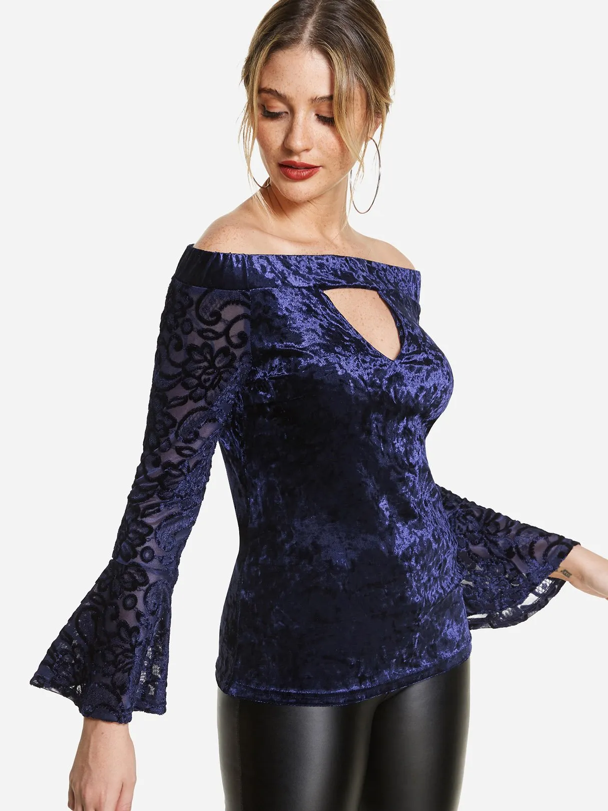 Custom Off The Shoulder Cut Out Long Sleeve Navy Top