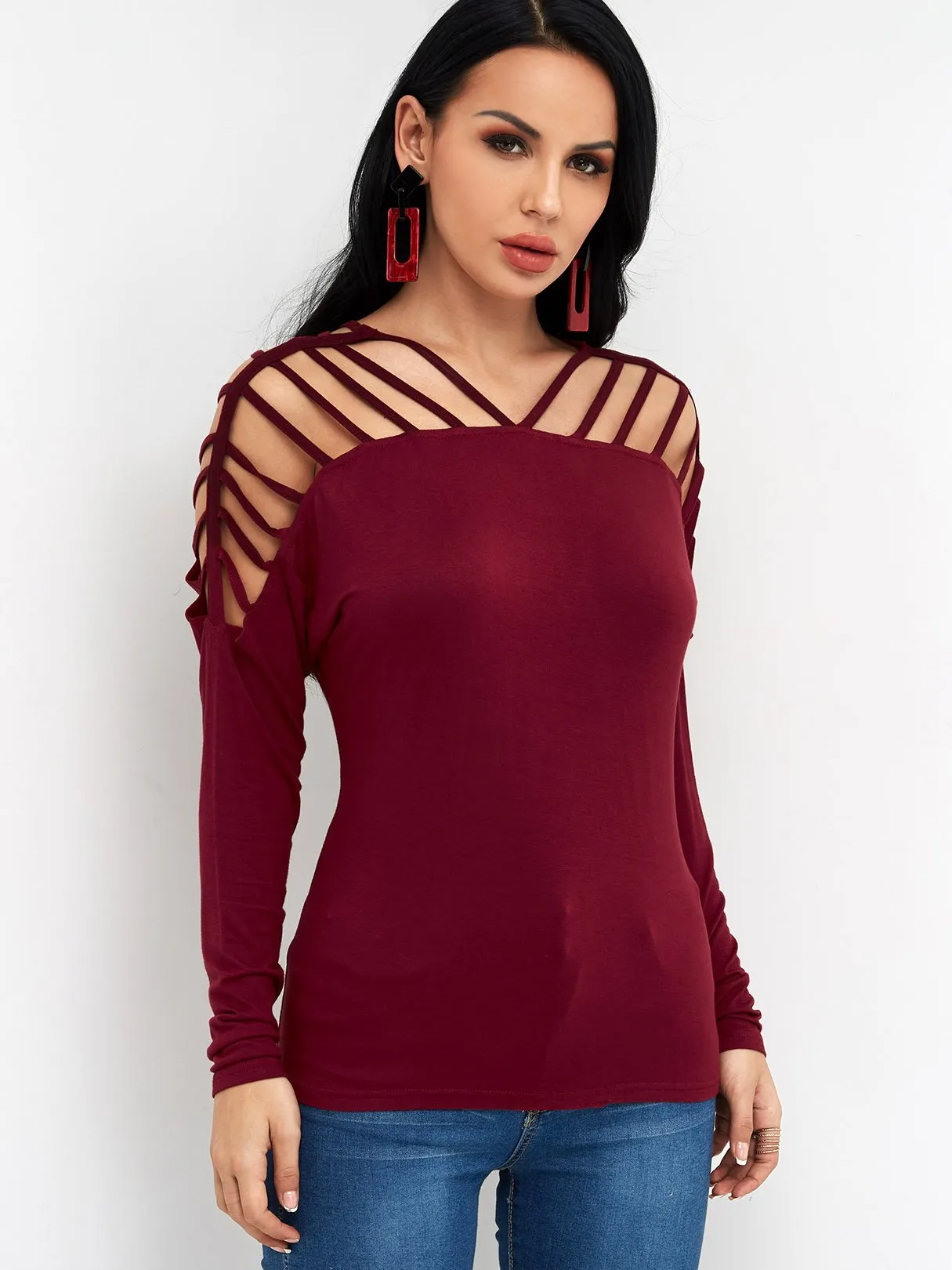 Custom Plain Cut Out Long Sleeve Burgundy T-Shirts
