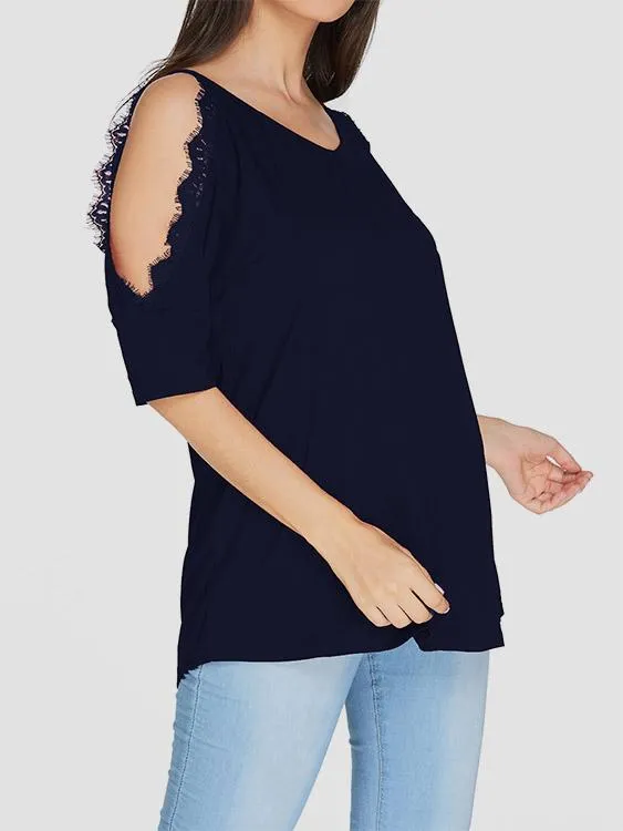 Custom V-Neck Cold Shoulder Plain Crochet Lace Embellished Cut Out Half Sleeve T-Shirts