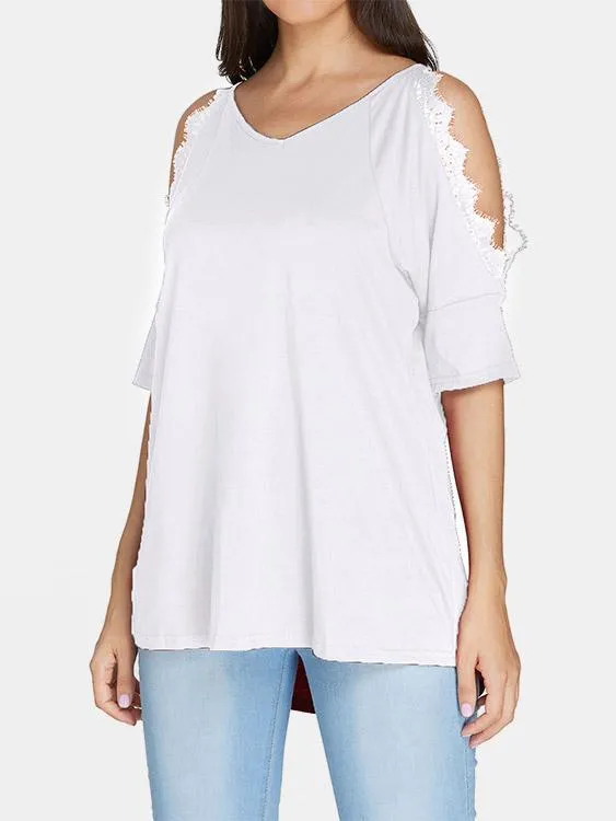 Custom V-Neck Cold Shoulder Plain Crochet Lace Embellished Cut Out Half Sleeve T-Shirts