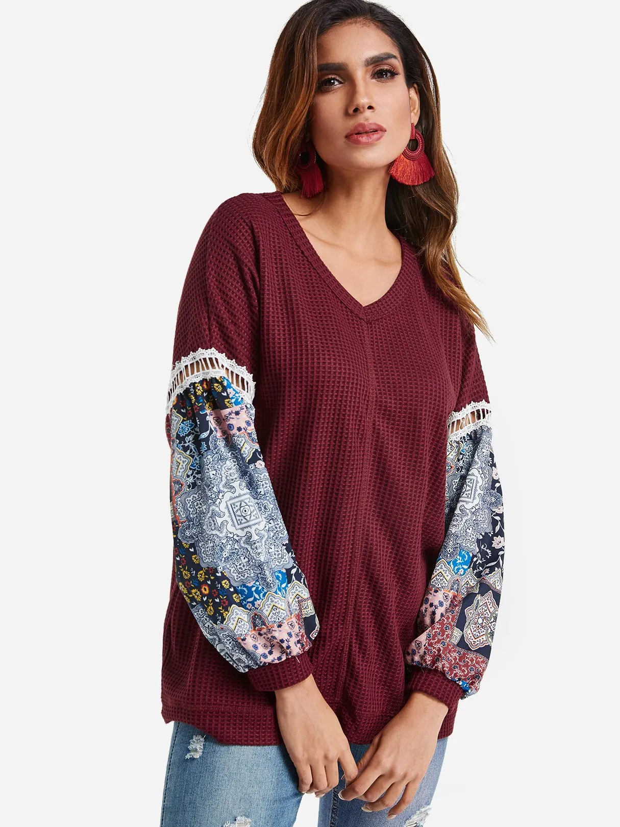 Custom V-Neck Floral Print Long Sleeve Top