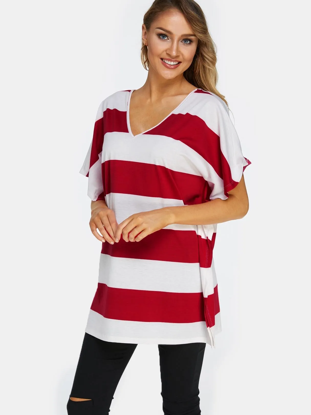 Custom V-Neck Stripe Backless Lace-Up Short Sleeve Red T-Shirts