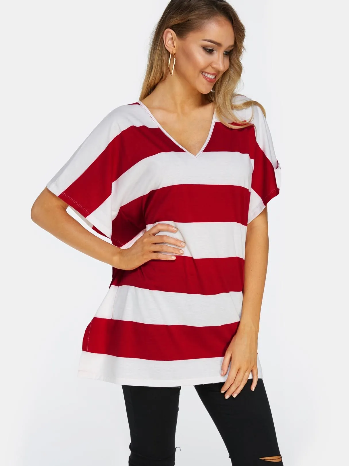 Custom V-Neck Stripe Backless Lace-Up Short Sleeve Red T-Shirts