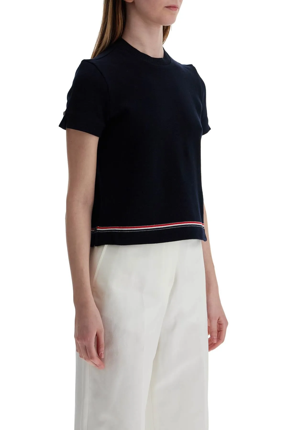 NAVY BLUE PIQUÉ COTTON T-SHIRT WITH TRICOLOR STRIPE