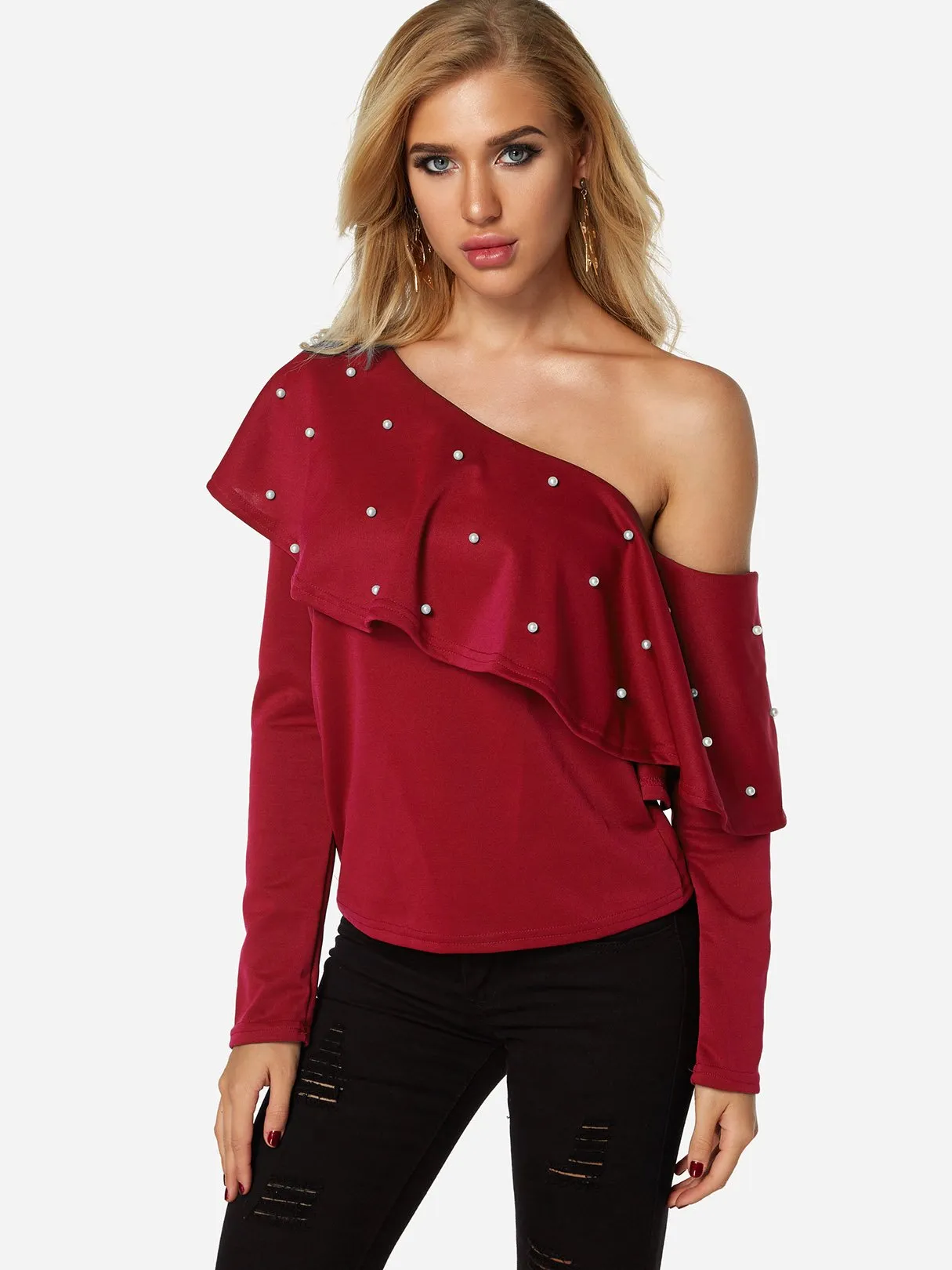 OEM ODM Asymmetrical One Shoulder Plain Handmade Beaded Long Sleeve Flounced Hem Red T-Shirts