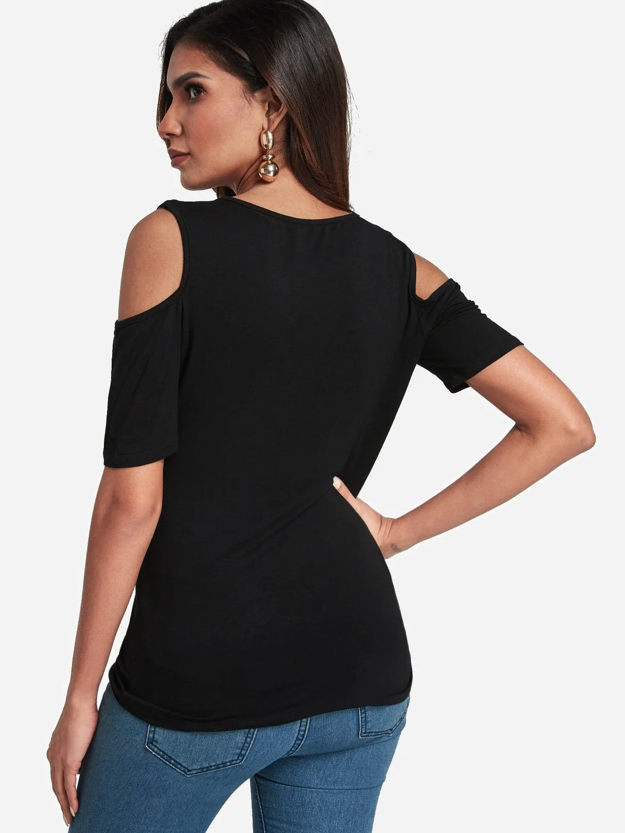 OEM ODM Round Neck Cold Shoulder Plain Cut Out Short Sleeve Black T-Shirts