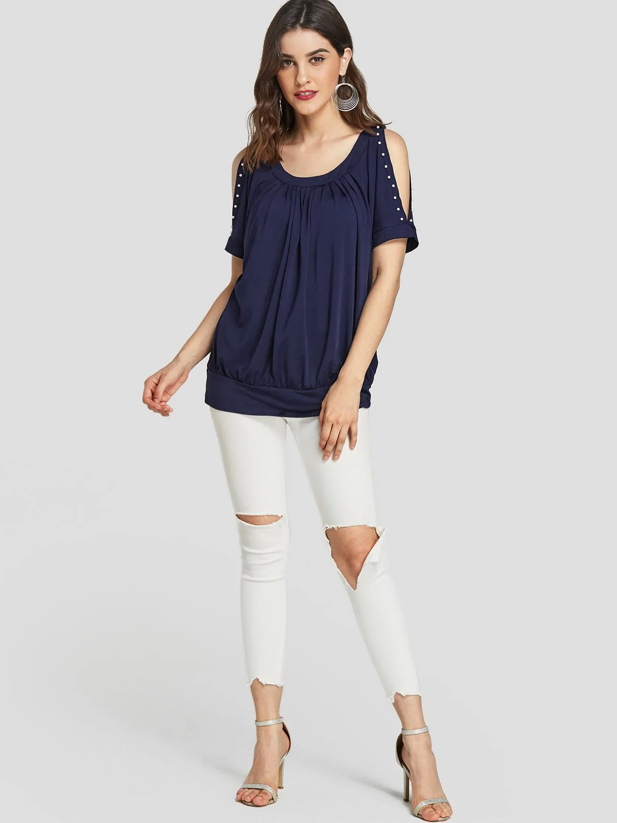 Wholesale Round Neck Cold Shoulder Pleated Short Sleeve Navy T-Shirts
